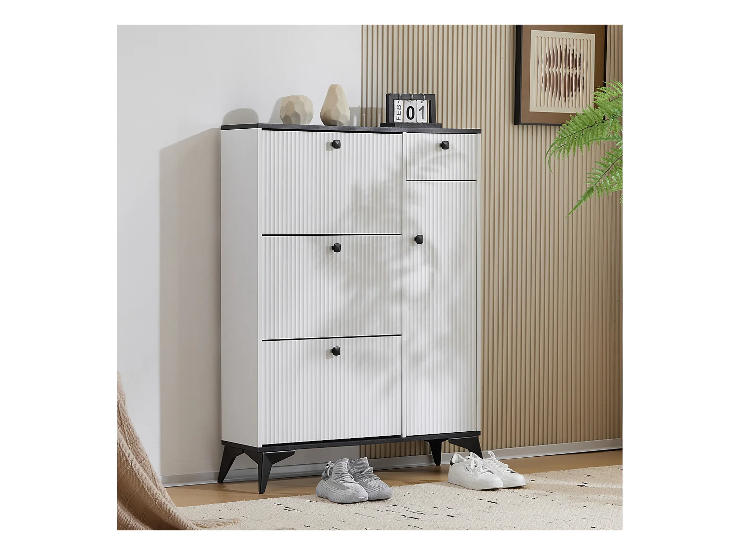 Meuble à chaussures avec 3 abattants, 1 tiroir et 1 porte - 90 x 25 x 121 cm - Panneau de particules et métal - Blanc
