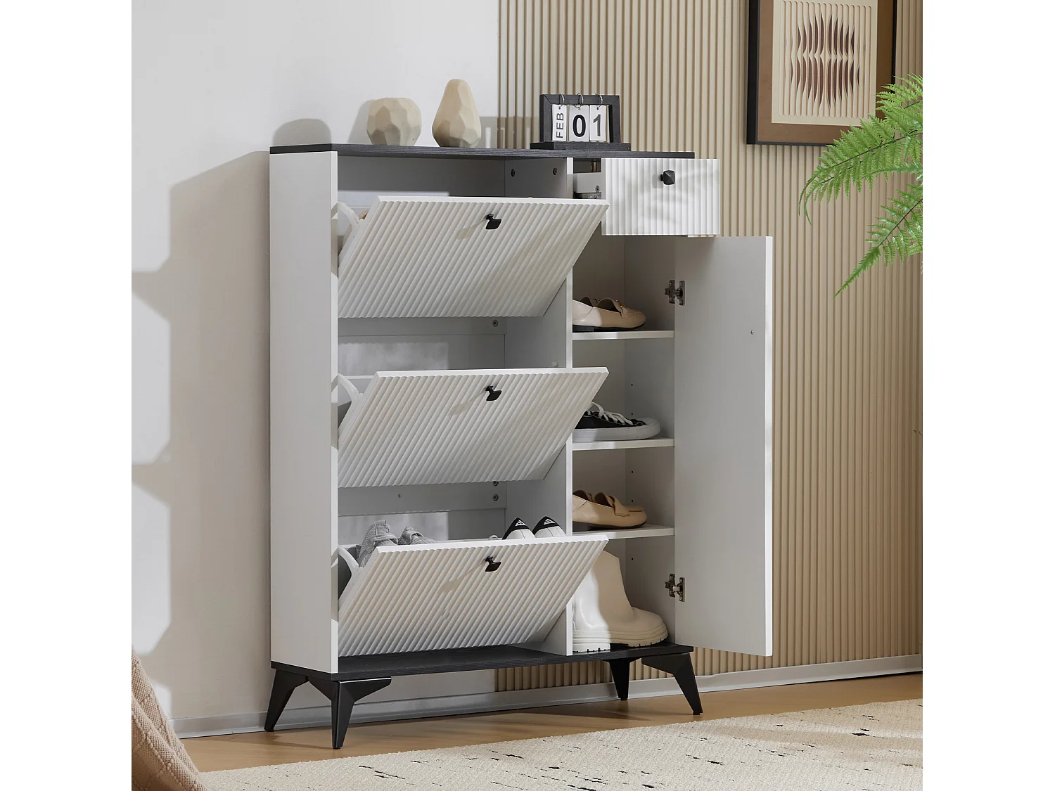 Schoenenkast met 3 kleppen, 1 lade en 1 deur - 90 x 25 x 121 cm - Spaanplaat en metaal - Wit