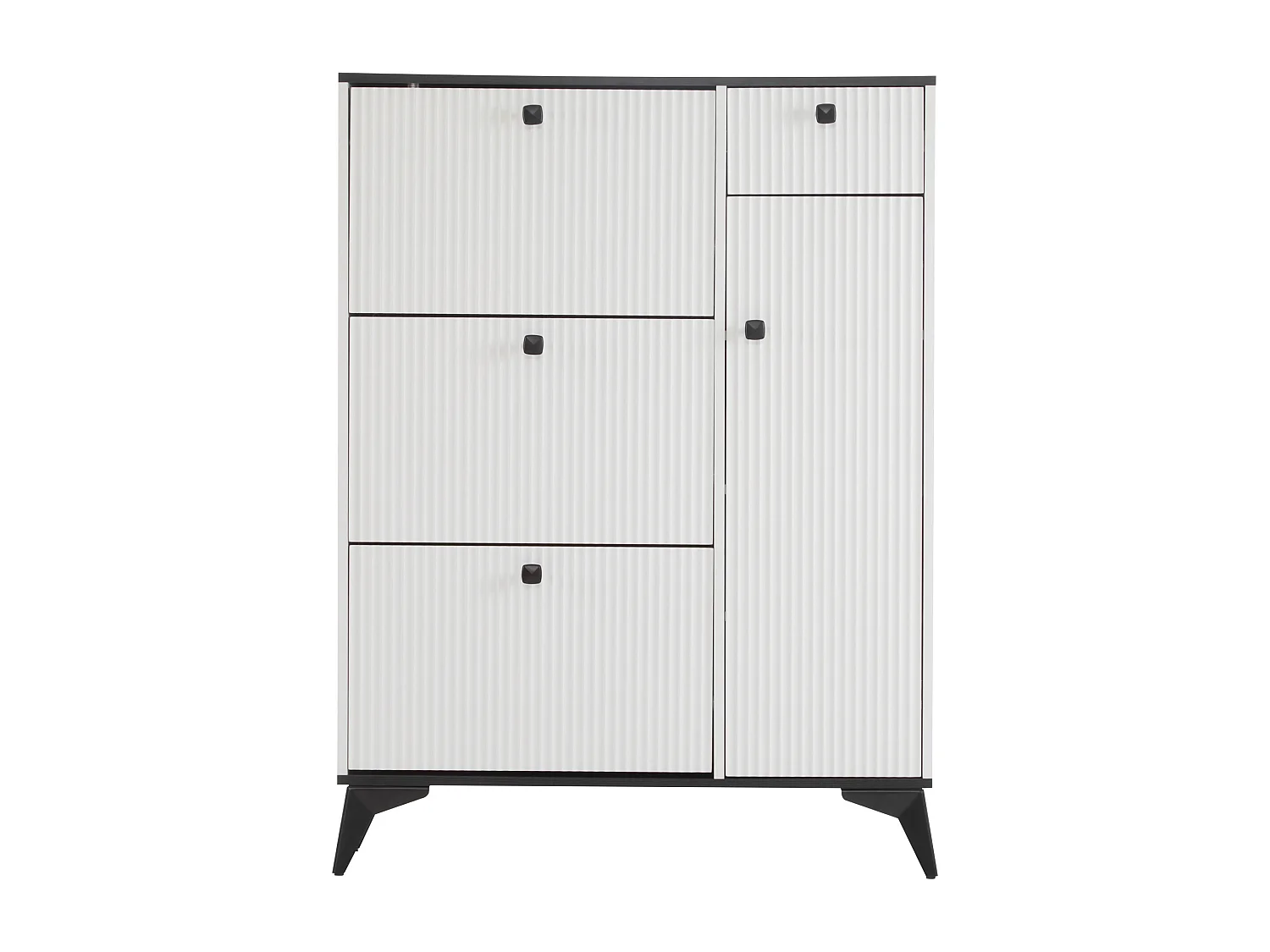 Schoenenkast met 3 kleppen, 1 lade en 1 deur - 90 x 25 x 121 cm - Spaanplaat en metaal - Wit