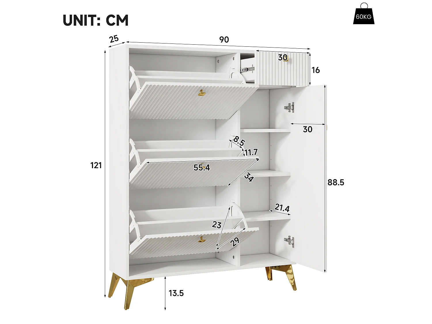 Skoskab med 3 vipperum, 1 skuffe og 1 låge – 90 x 25 x 121 cm – Spånplade og metal – Hvid