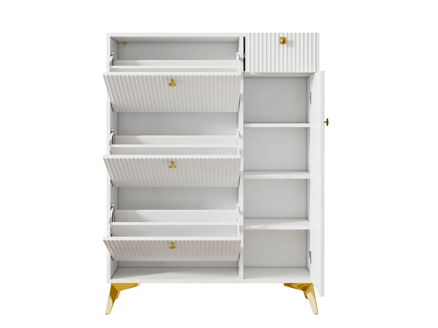 Skoskab med 3 vipperum, 1 skuffe og 1 låge – 90 x 25 x 121 cm – Spånplade og metal – Hvid