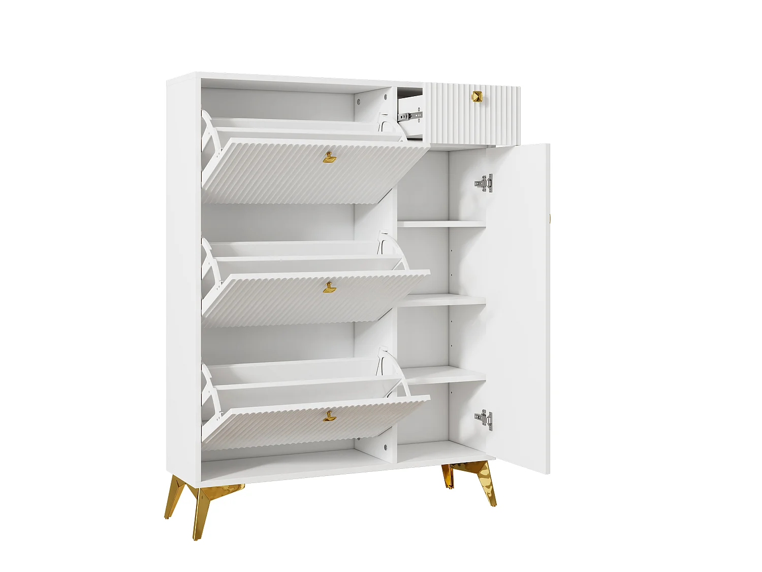 Skoskab med 3 vipperum, 1 skuffe og 1 låge – 90 x 25 x 121 cm – Spånplade og metal – Hvid