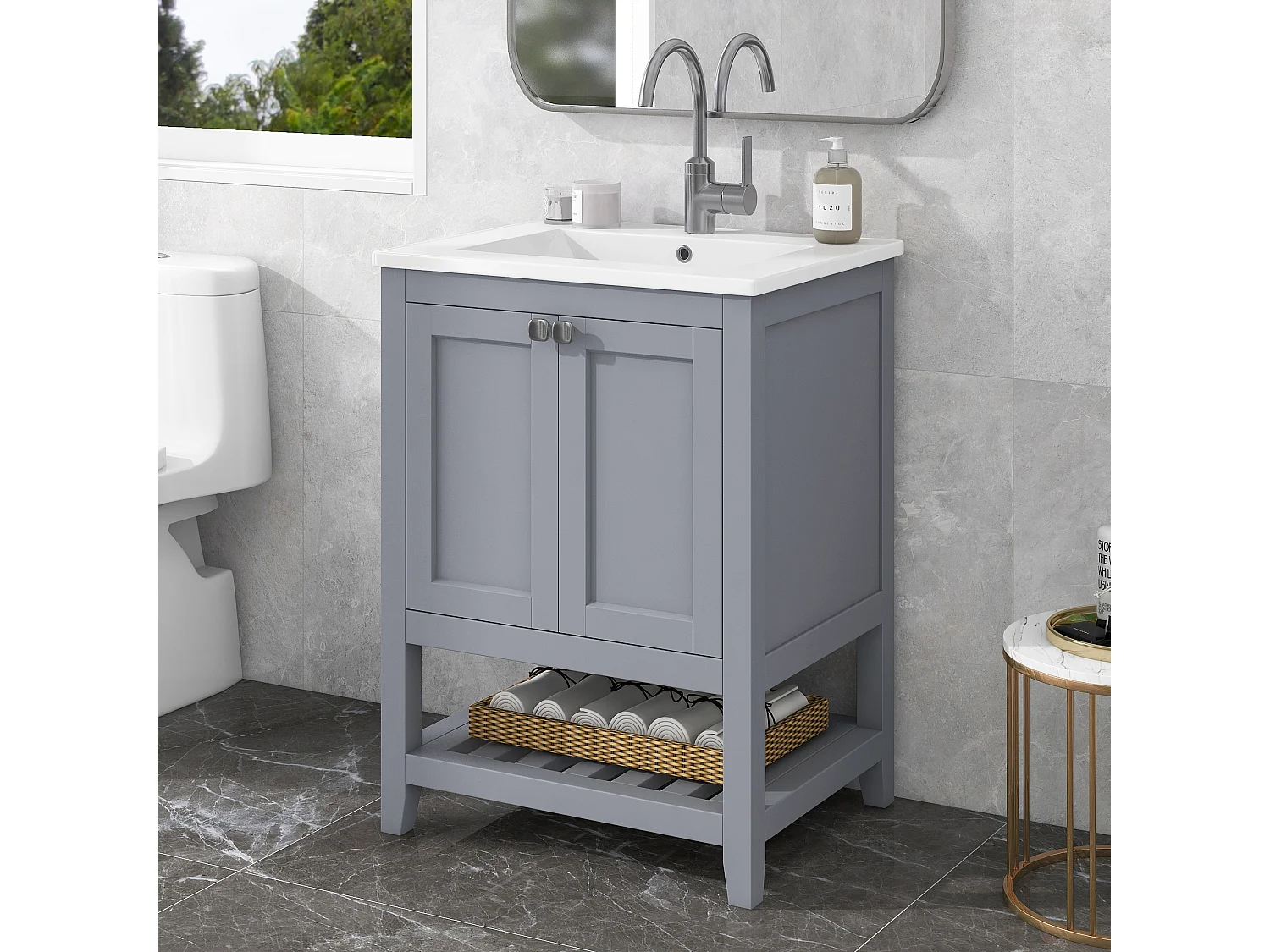 Meuble de salle de bain vasque simple, meuble bas avec vasque en céramique - 61 x 46 x 90 cm - Bois massif + MDF - Gris clair