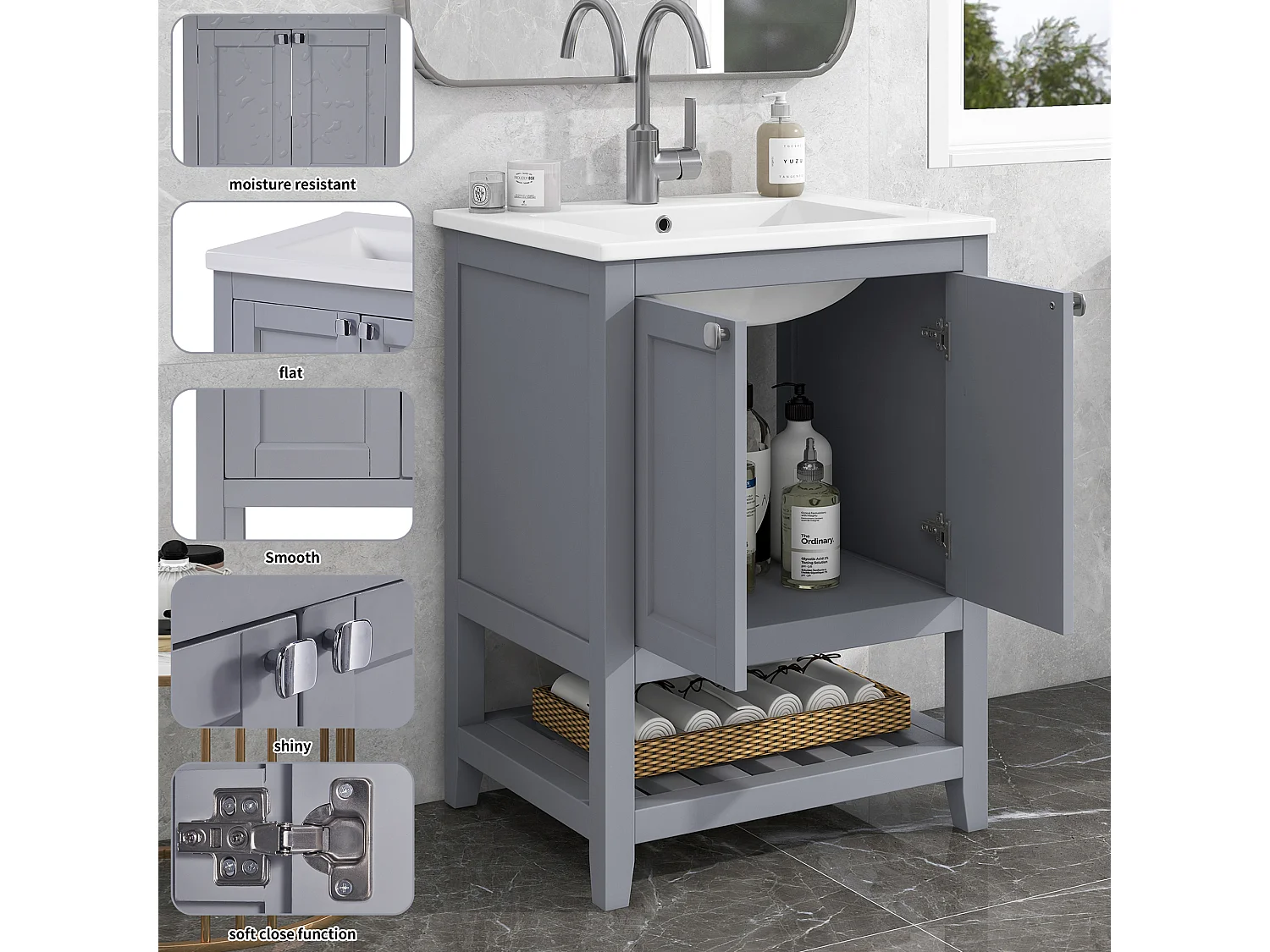 Meuble de salle de bain vasque simple, meuble bas avec vasque en céramique - 61 x 46 x 90 cm - Bois massif + MDF - Gris clair