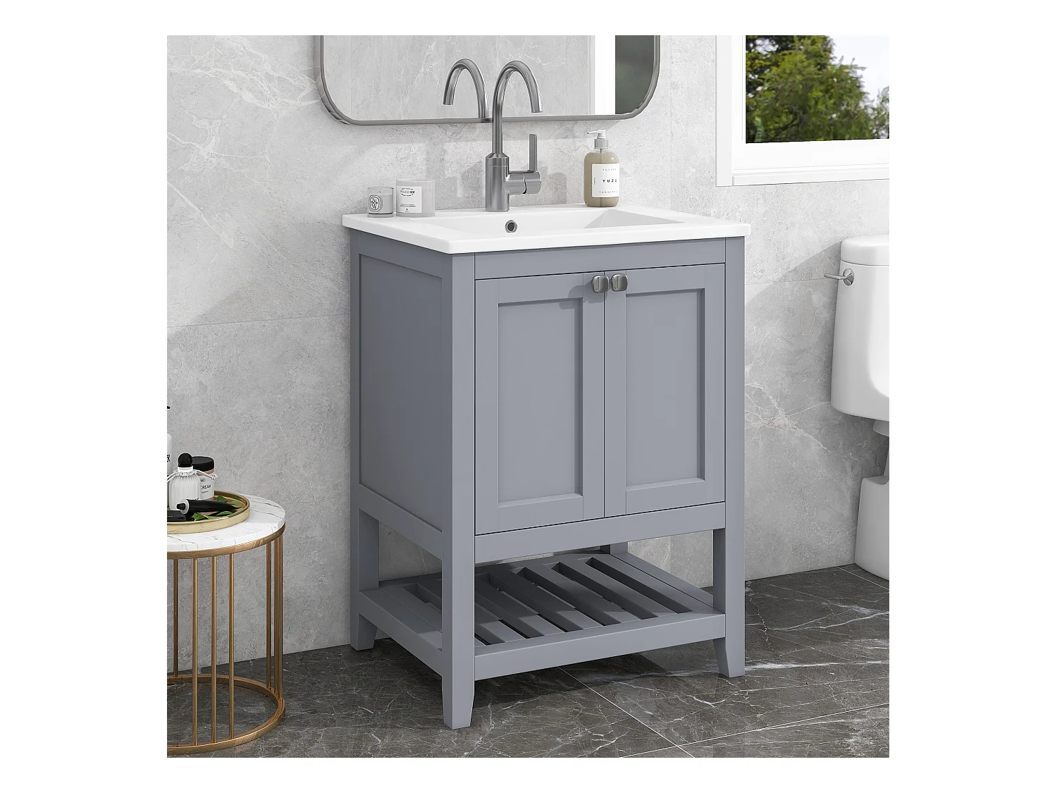 Meuble de salle de bain vasque simple, meuble bas avec vasque en céramique - 61 x 46 x 90 cm - Bois massif + MDF - Gris clair