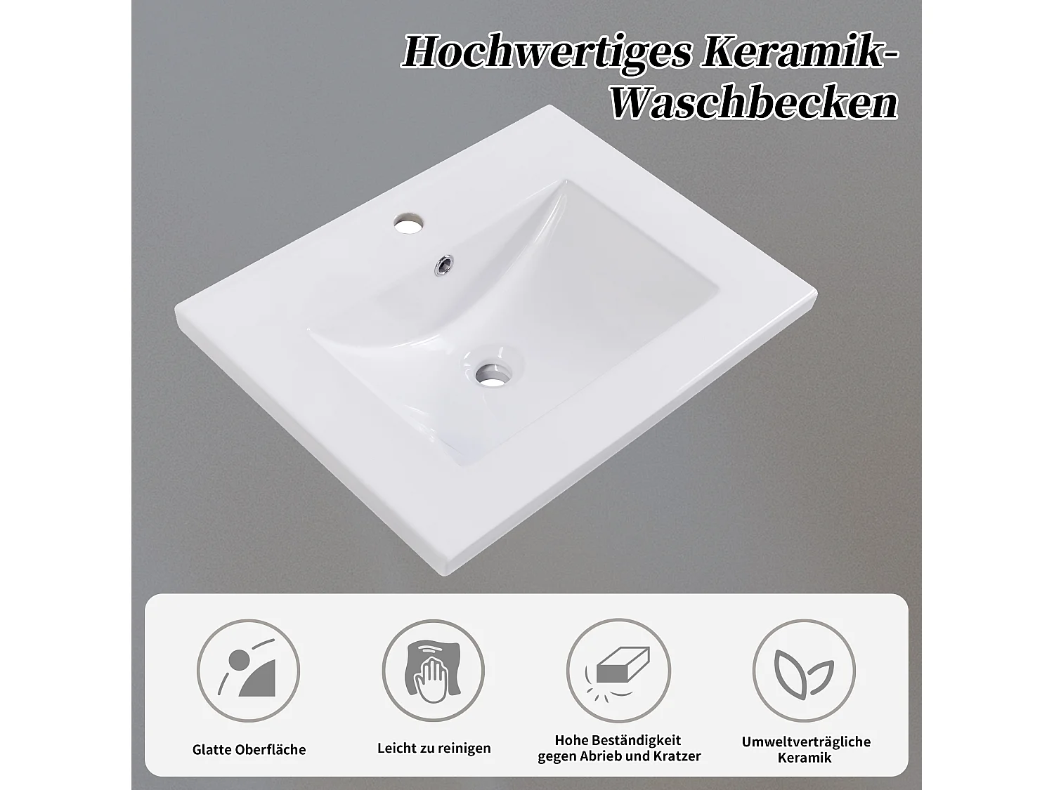 Mobile da bagno con lavabo singolo, mobile base con lavabo in ceramica - 61 x 46 x 90 cm - Legno massello + MDF - Grigio chiaro