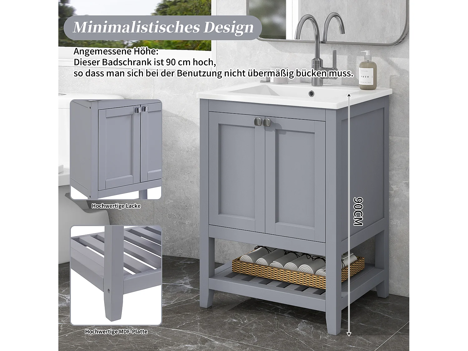 Mobile da bagno con lavabo singolo, mobile base con lavabo in ceramica - 61 x 46 x 90 cm - Legno massello + MDF - Grigio chiaro