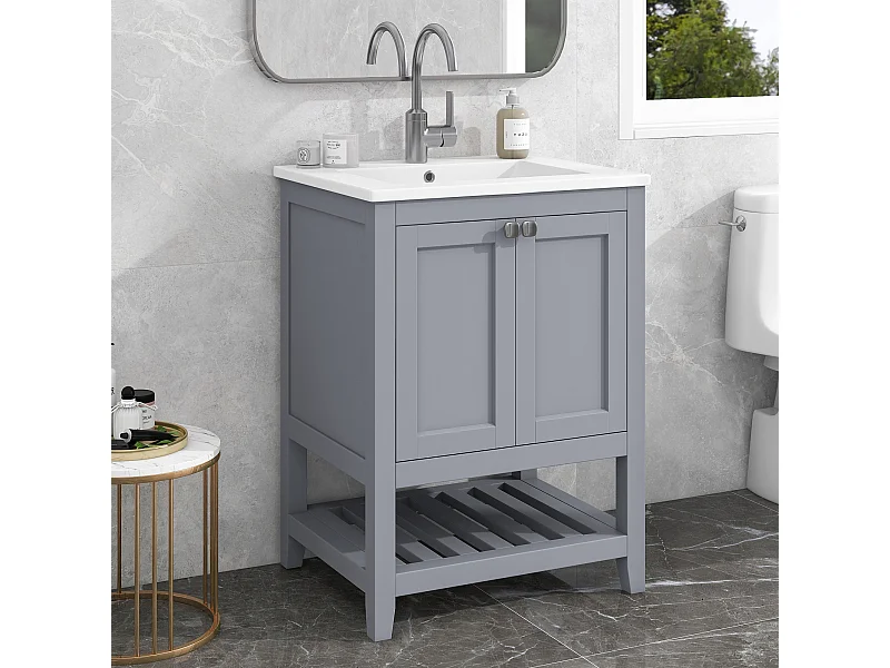 Meuble de salle de bain vasque simple, meuble bas avec vasque en céramique - 61 x 46 x 90 cm - Bois massif + MDF - Gris clair