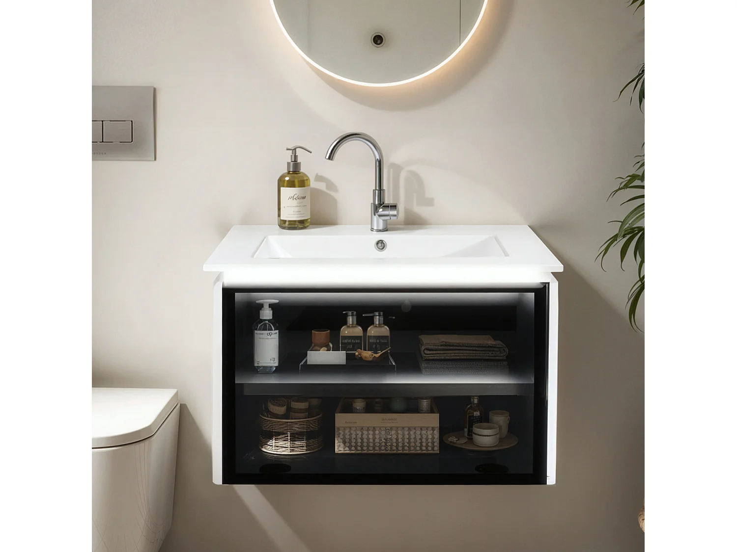 Meuble de salle de bain vasque simple  avec porte en verre - 61.5 x 46.5 x 47 cm - Bois MDF - Lampe à induction - Blanc + noir