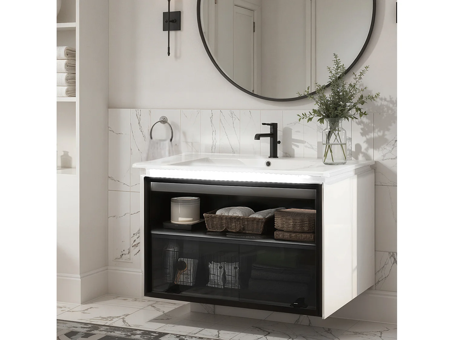 Meuble de salle de bain vasque simple  avec porte en verre - 61.5 x 46.5 x 47 cm - Bois MDF - Lampe à induction - Blanc + noir