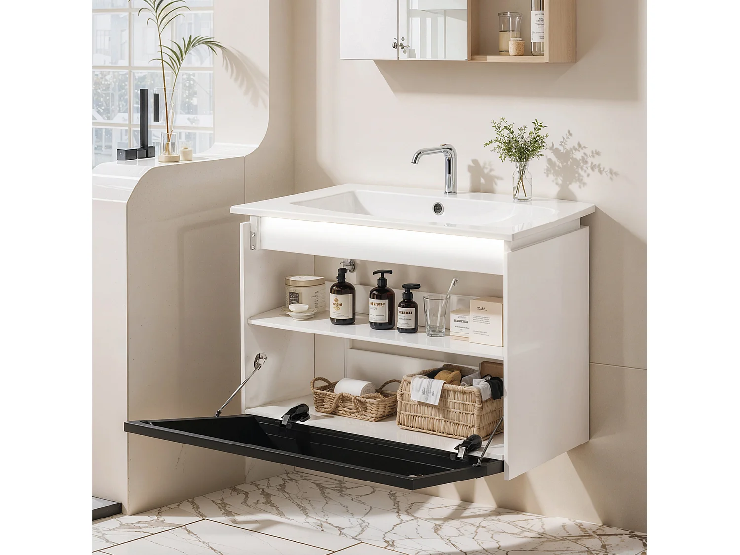Meuble de salle de bain vasque simple  avec porte en verre - 61.5 x 46.5 x 47 cm - Bois MDF - Lampe à induction - Blanc + noir