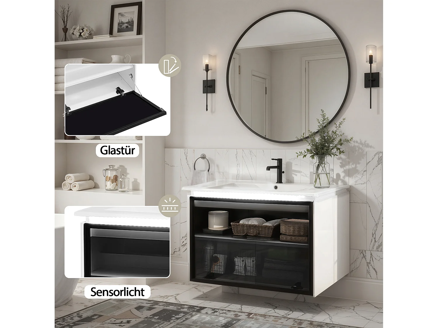 Meuble de salle de bain vasque simple  avec porte en verre - 61.5 x 46.5 x 47 cm - Bois MDF - Lampe à induction - Blanc + noir