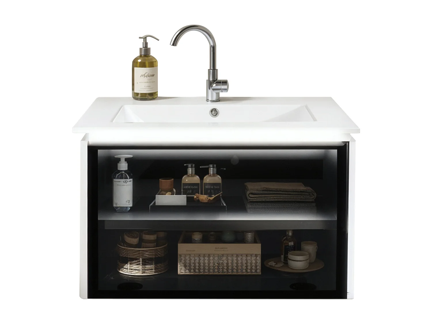 Meuble de salle de bain vasque simple  avec porte en verre - 61.5 x 46.5 x 47 cm - Bois MDF - Lampe à induction - Blanc + noir
