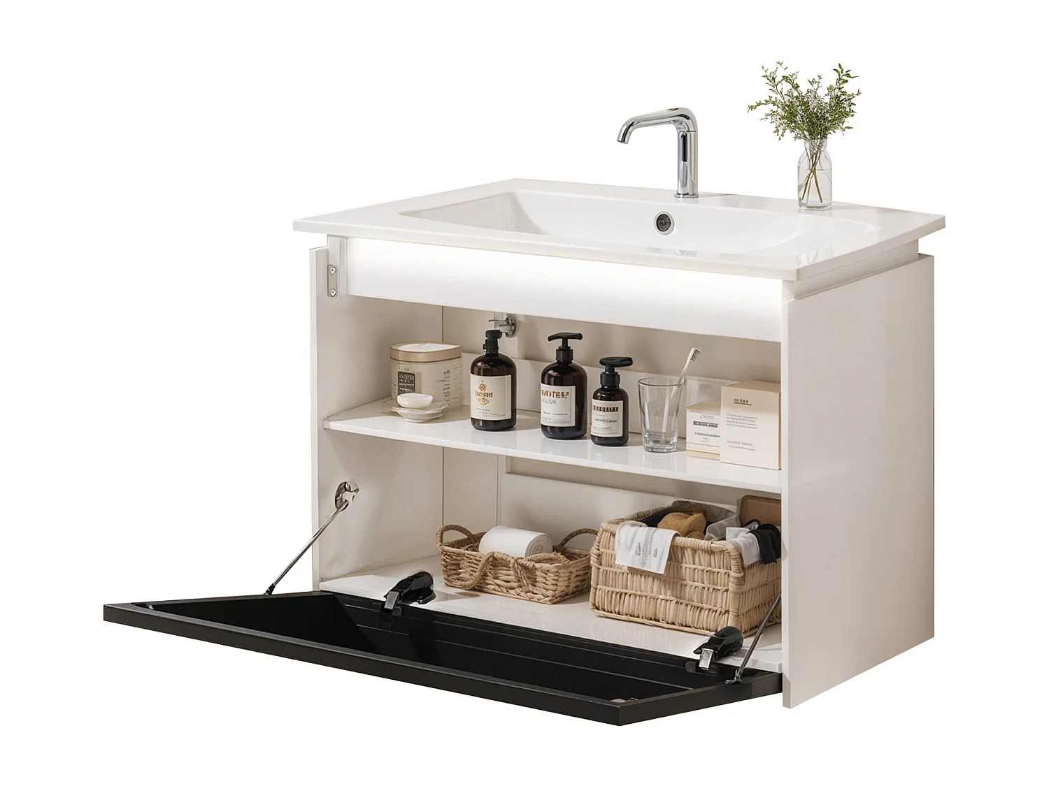 Meuble de salle de bain vasque simple  avec porte en verre - 61.5 x 46.5 x 47 cm - Bois MDF - Lampe à induction - Blanc + noir