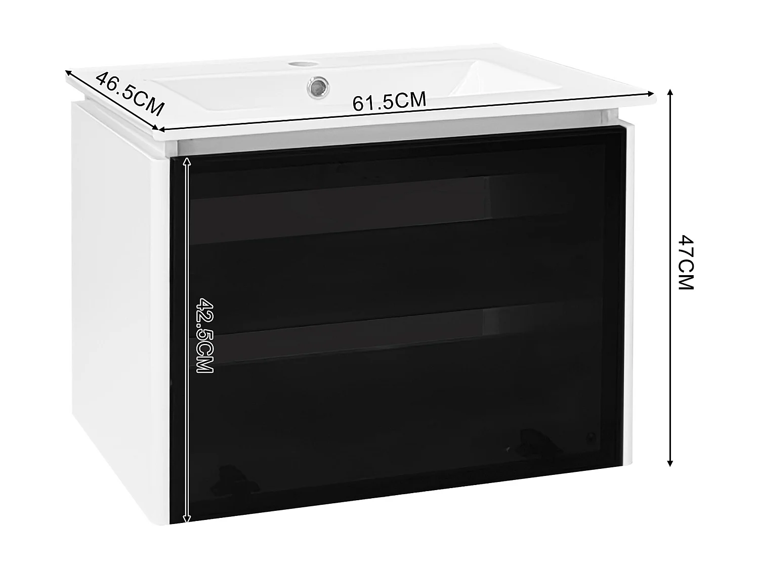 Meuble de salle de bain vasque simple  avec porte en verre - 61.5 x 46.5 x 47 cm - Bois MDF - Lampe à induction - Blanc + noir