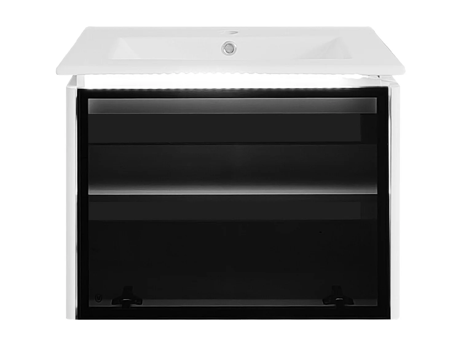 Meuble de salle de bain vasque simple  avec porte en verre - 61.5 x 46.5 x 47 cm - Bois MDF - Lampe à induction - Blanc + noir