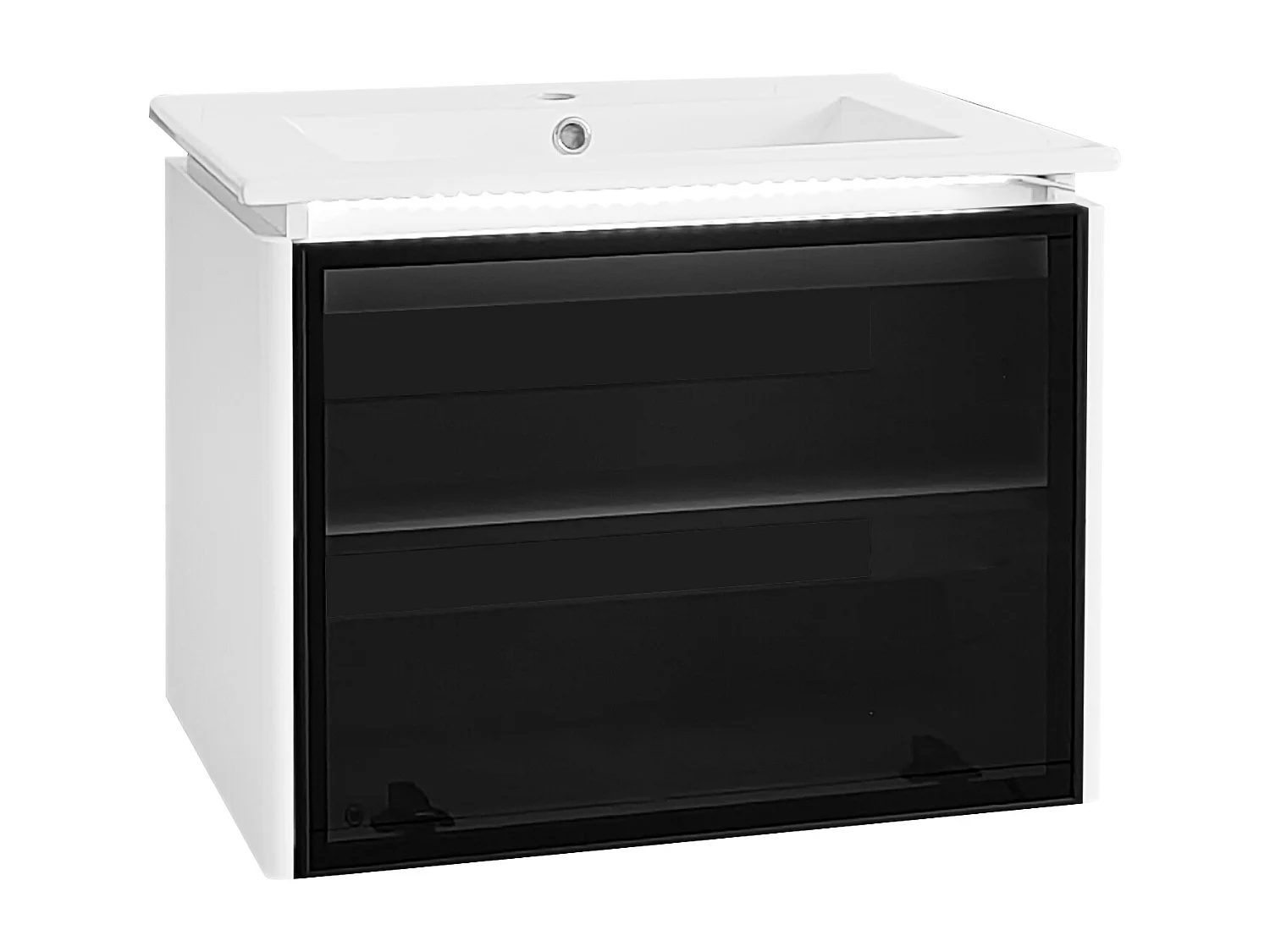 Meuble de salle de bain vasque simple  avec porte en verre - 61.5 x 46.5 x 47 cm - Bois MDF - Lampe à induction - Blanc + noir