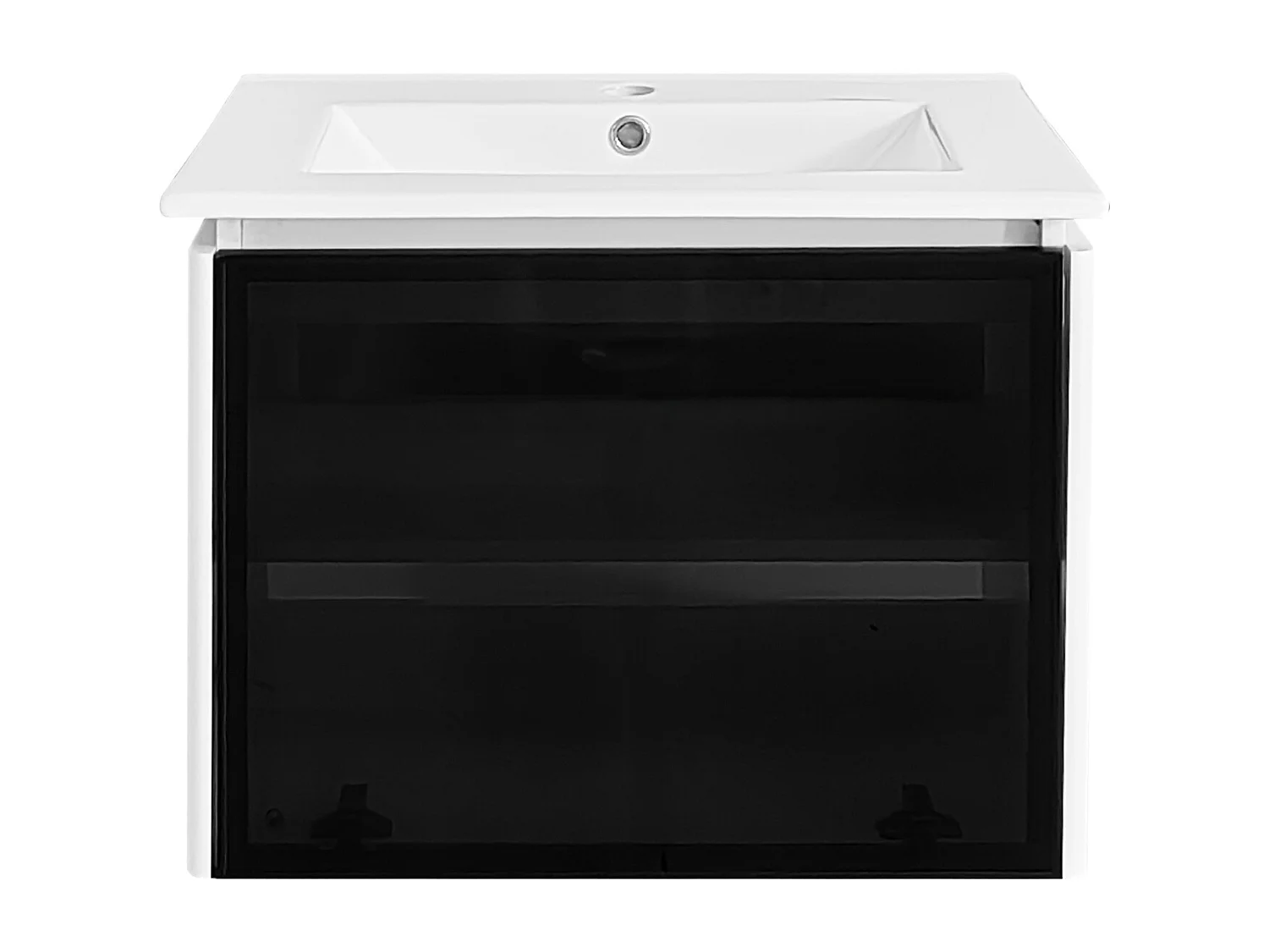 Meuble de salle de bain vasque simple  avec porte en verre - 61.5 x 46.5 x 47 cm - Bois MDF - Lampe à induction - Blanc + noir