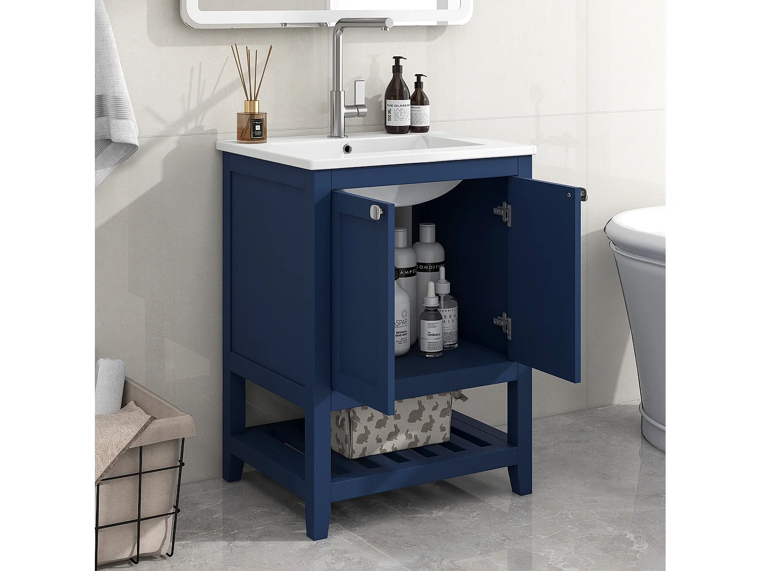 Szafka łazienkowa z pojedynczą umywalką, szafka dolna z umywalką ceramiczną - 61 x 46 x 90 cm - Drewno lite + MDF - Niebieski