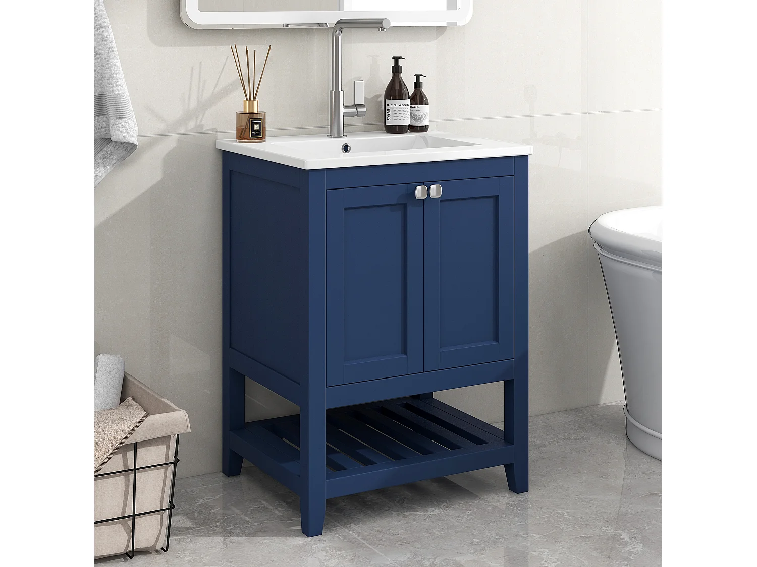Meuble de salle de bain vasque simple, meuble bas avec vasque en céramique - 61 x 46 x 90 cm - Bois massif + MDF - Bleu
