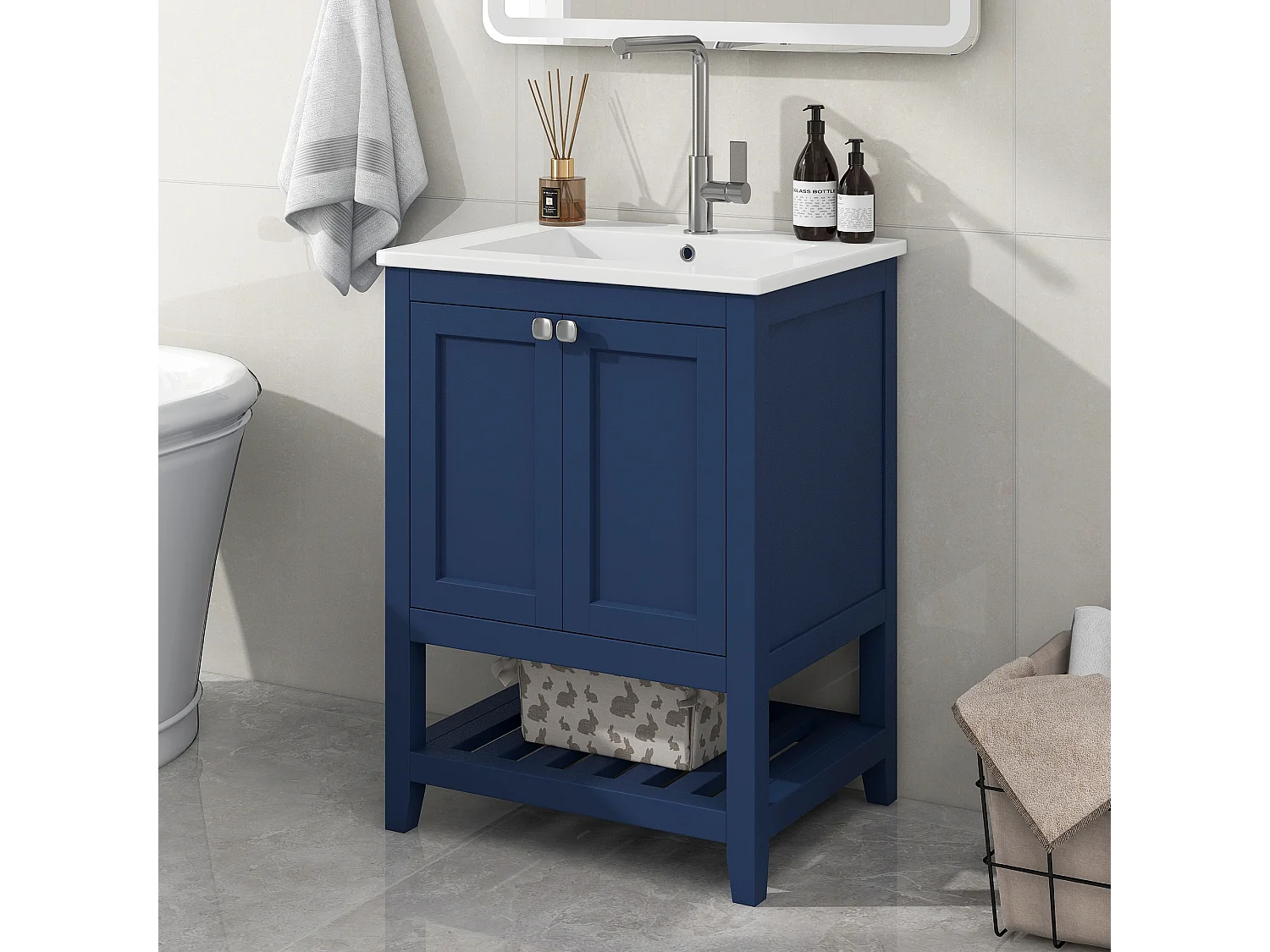 Meuble de salle de bain vasque simple, meuble bas avec vasque en céramique - 61 x 46 x 90 cm - Bois massif + MDF - Bleu
