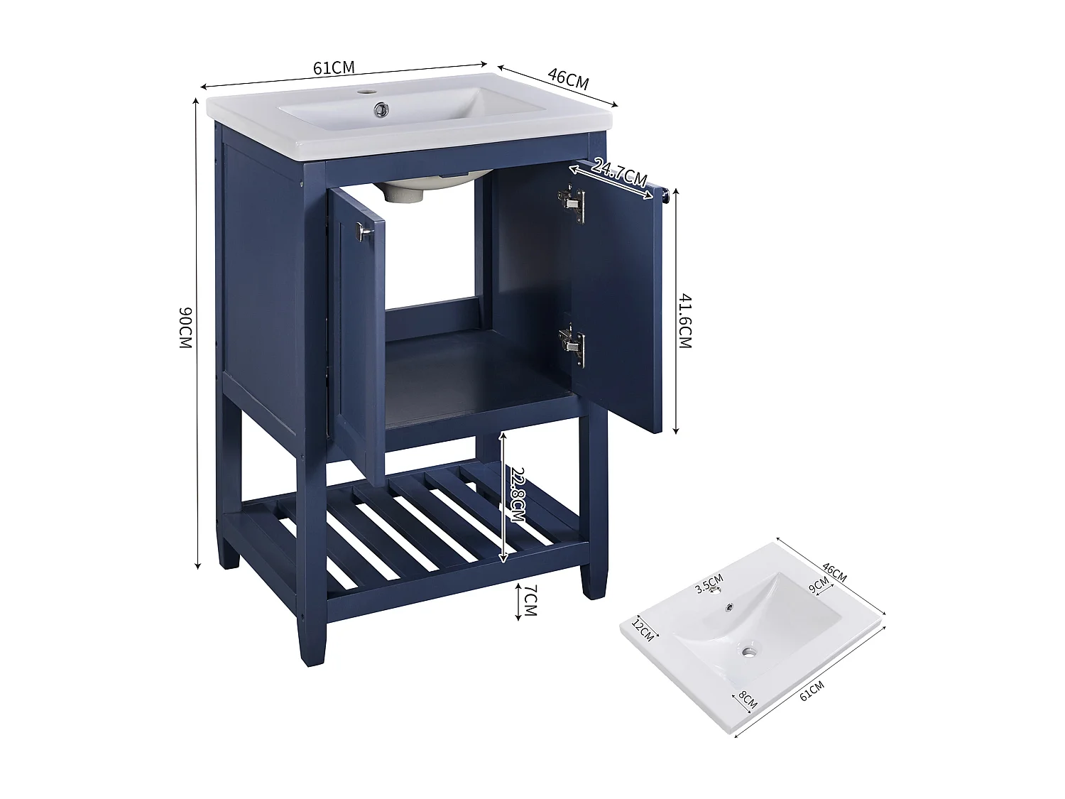 Meuble de salle de bain vasque simple, meuble bas avec vasque en céramique - 61 x 46 x 90 cm - Bois massif + MDF - Bleu