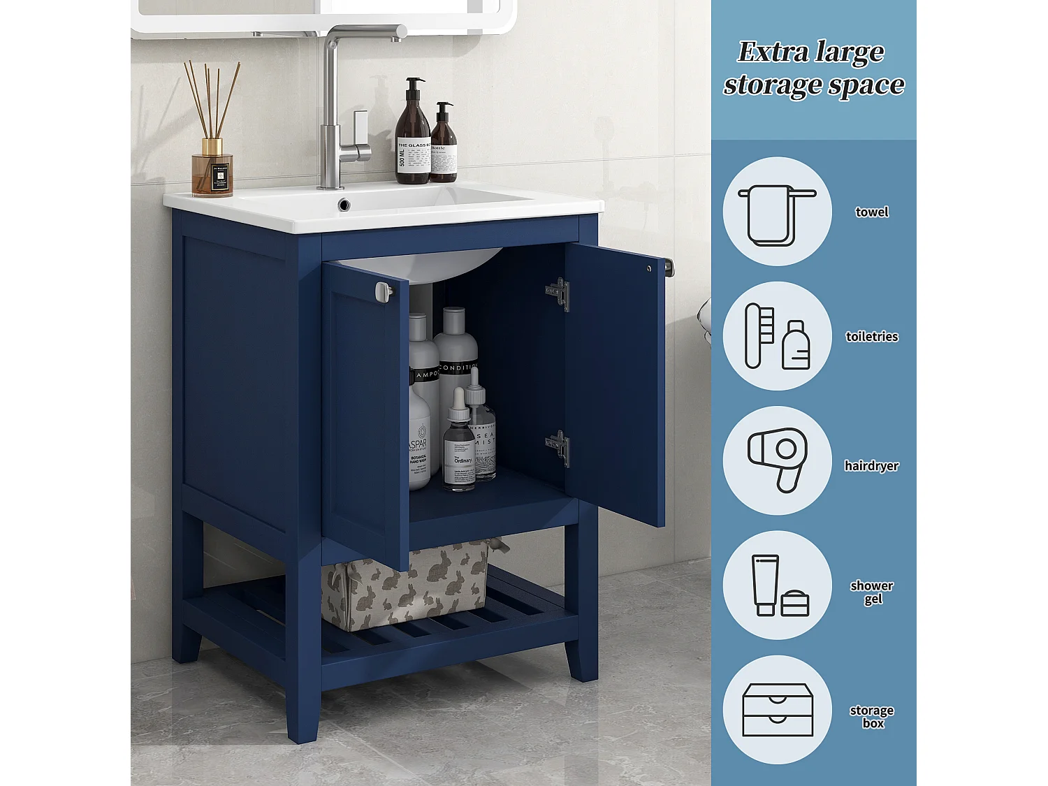 Meuble de salle de bain vasque simple, meuble bas avec vasque en céramique - 61 x 46 x 90 cm - Bois massif + MDF - Bleu