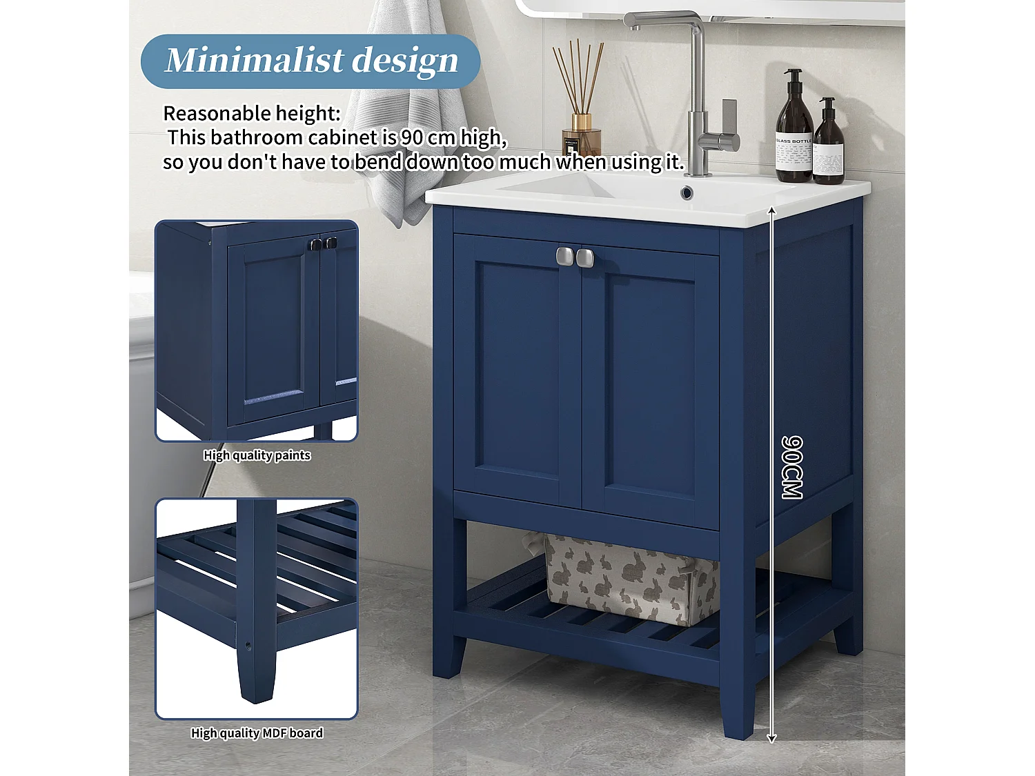 Meuble de salle de bain vasque simple, meuble bas avec vasque en céramique - 61 x 46 x 90 cm - Bois massif + MDF - Bleu