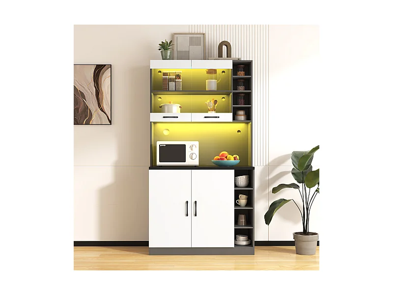 Küchen-Sideboard mit 4 Türen und Fächern – 100 x 47 x 187 cm – MDF-Holz – LEDs und Kabelkanäle – Weiß