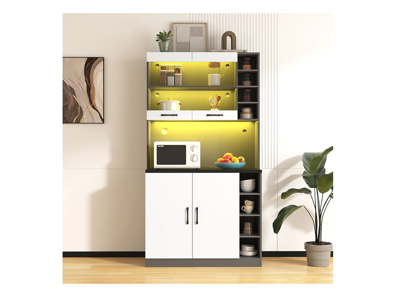 Buffet de cuisine avec 4 portes et compartiments - 100 x 47 x 187 cm - Bois MDF - LEDs et passe-câbles - Blanc