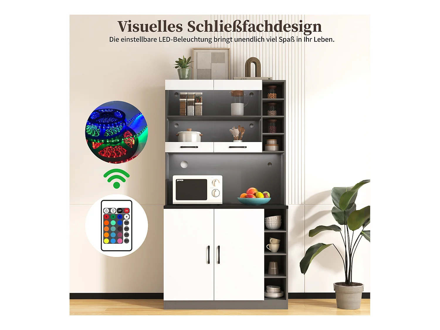 Buffet de cuisine avec 4 portes et compartiments - 100 x 47 x 187 cm - Bois MDF - LEDs et passe-câbles - Blanc