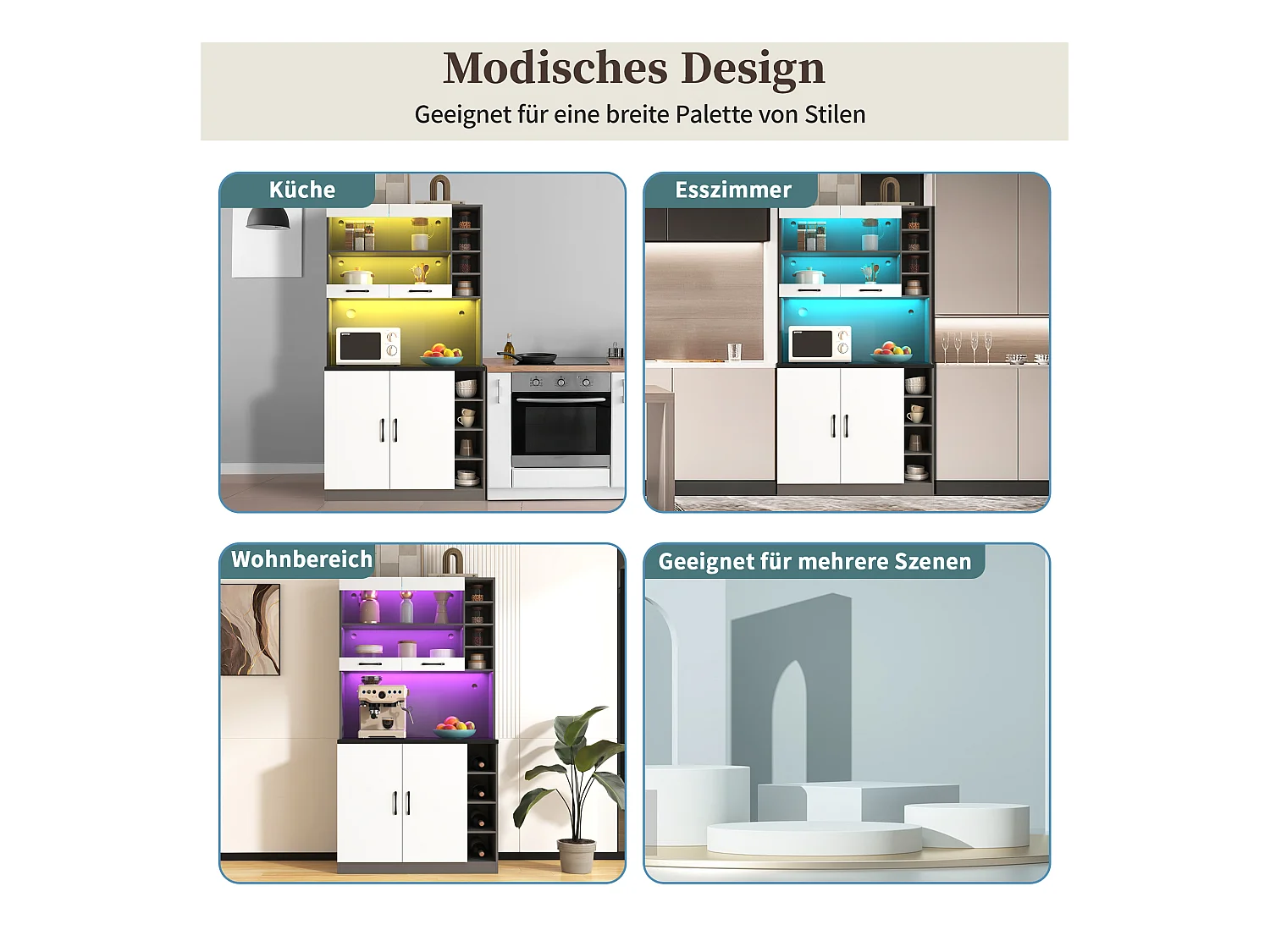 Buffet de cuisine avec 4 portes et compartiments - 100 x 47 x 187 cm - Bois MDF - LEDs et passe-câbles - Blanc