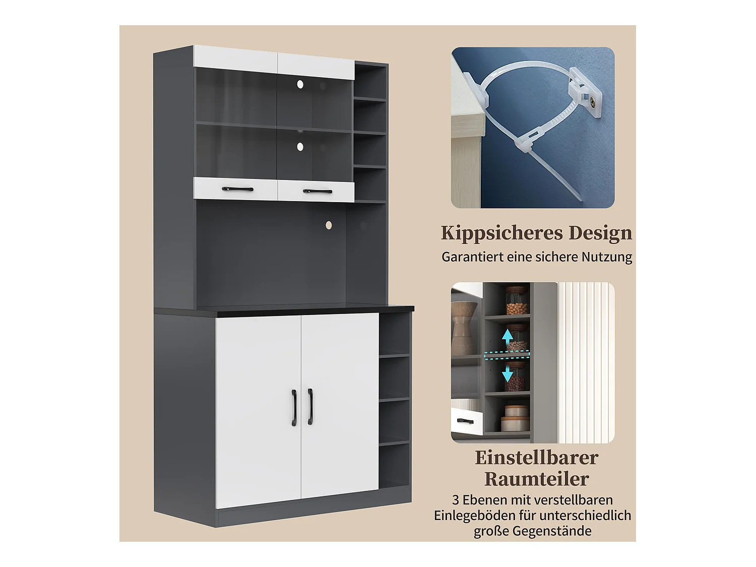 Buffet de cuisine avec 4 portes et compartiments - 100 x 47 x 187 cm - Bois MDF - LEDs et passe-câbles - Blanc