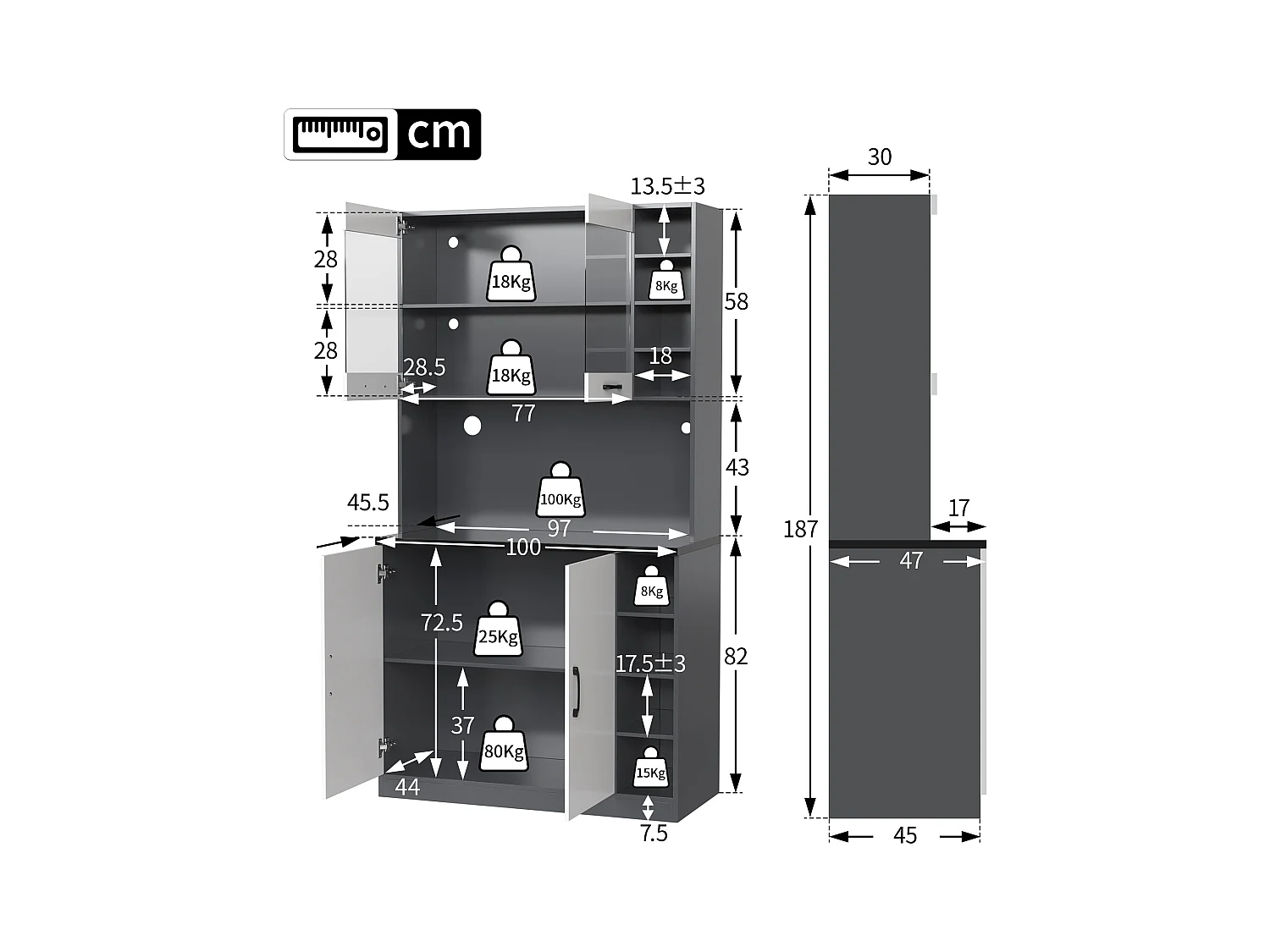 Buffet de cuisine avec 4 portes et compartiments - 100 x 47 x 187 cm - Bois MDF - LEDs et passe-câbles - Blanc