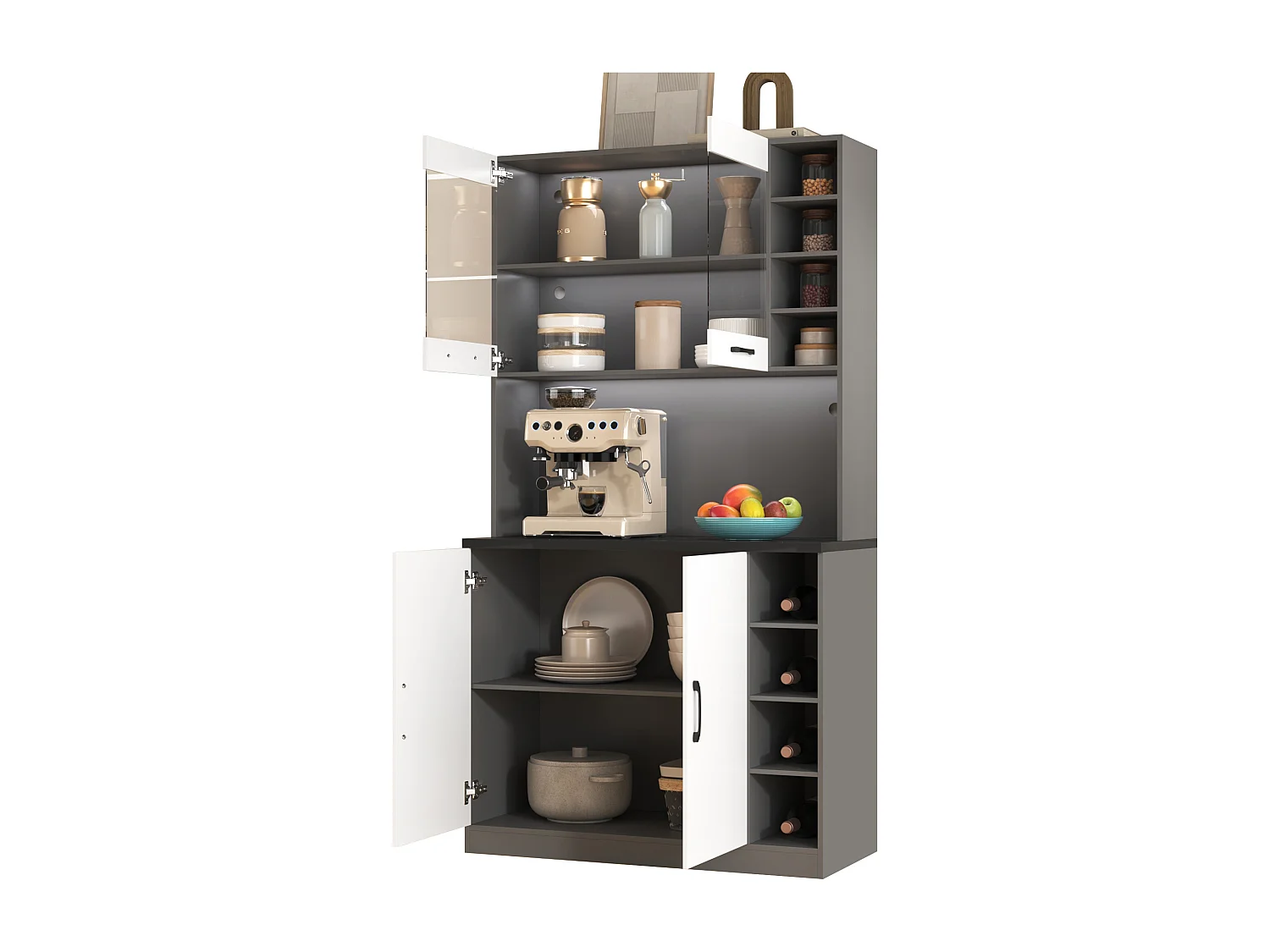 Buffet de cuisine avec 4 portes et compartiments - 100 x 47 x 187 cm - Bois MDF - LEDs et passe-câbles - Blanc