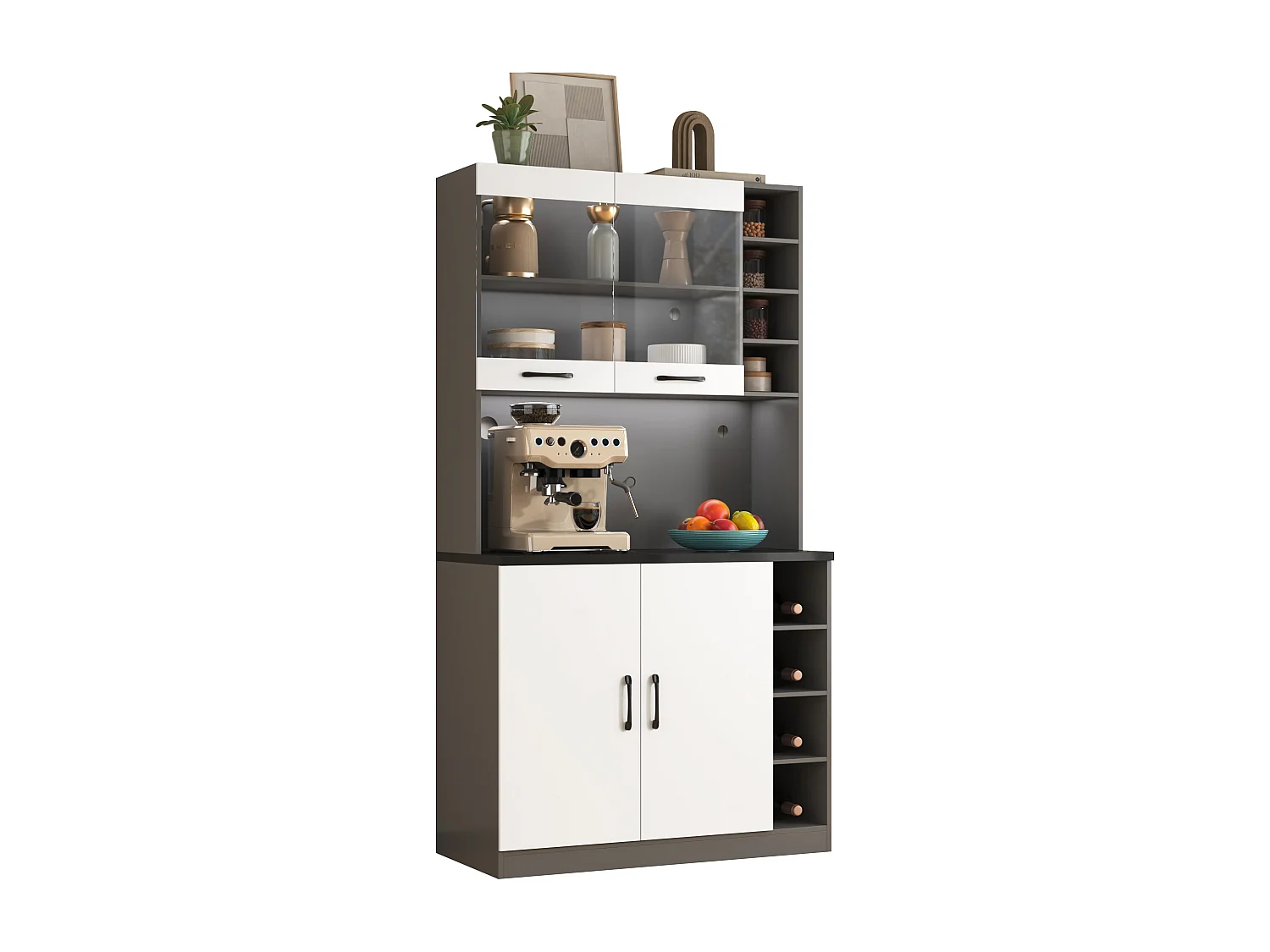 Buffet de cuisine avec 4 portes et compartiments - 100 x 47 x 187 cm - Bois MDF - LEDs et passe-câbles - Blanc