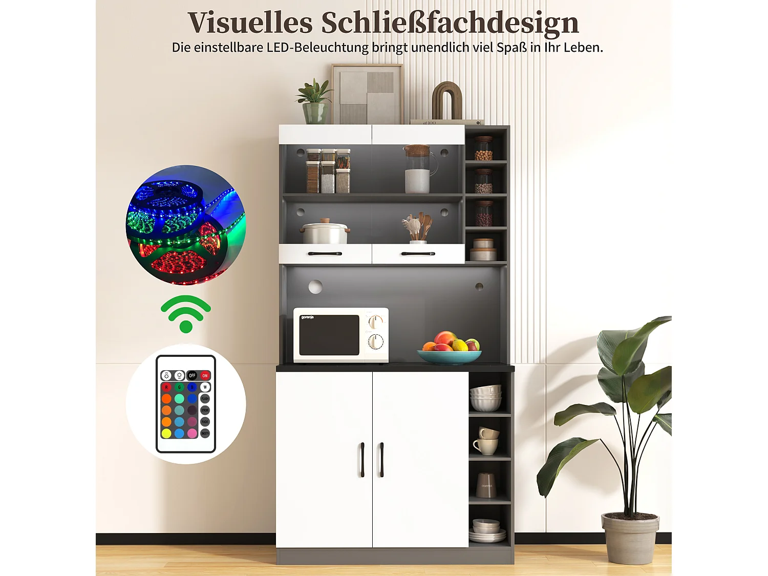 Buffet de cuisine avec 4 portes et compartiments - 100 x 47 x 187 cm - Bois MDF - LEDs et passe-câbles - Blanc