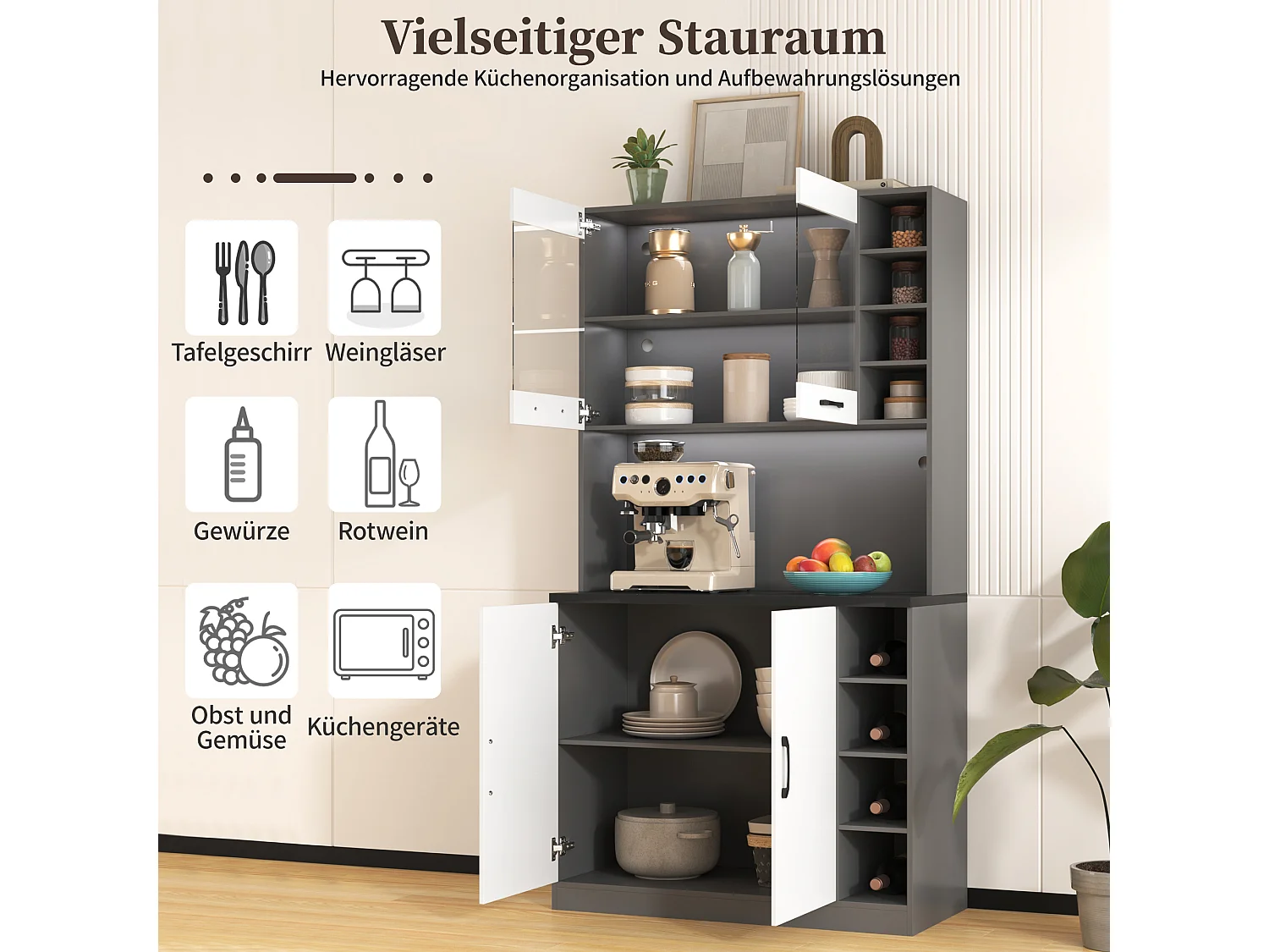 Buffet de cuisine avec 4 portes et compartiments - 100 x 47 x 187 cm - Bois MDF - LEDs et passe-câbles - Blanc