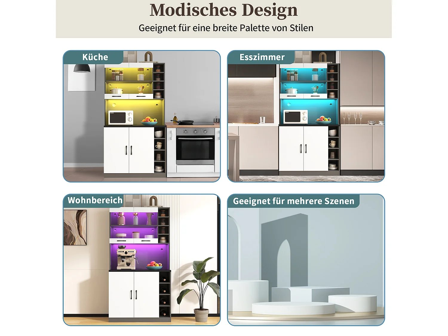 Buffet de cuisine avec 4 portes et compartiments - 100 x 47 x 187 cm - Bois MDF - LEDs et passe-câbles - Blanc