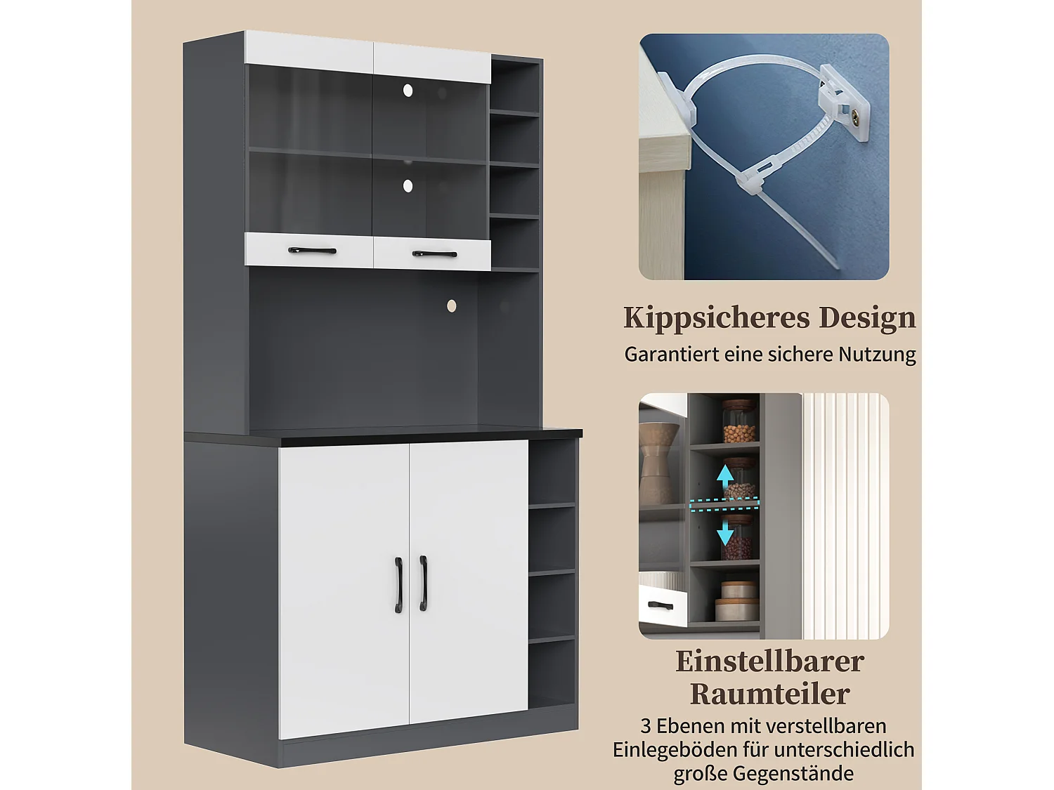 Buffet de cuisine avec 4 portes et compartiments - 100 x 47 x 187 cm - Bois MDF - LEDs et passe-câbles - Blanc