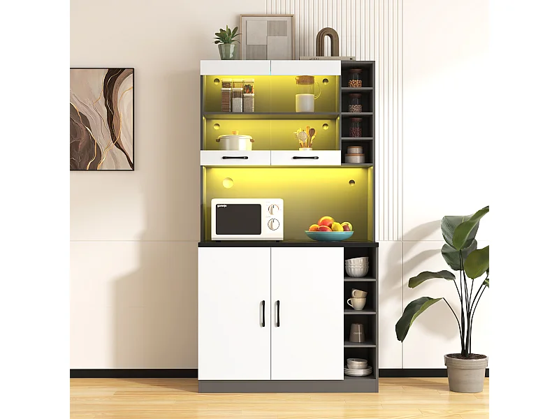 Keukendressoir met 4 deuren en vakken - 100 x 47 x 187 cm - MDF hout - LED's en kabelgoten - Wit