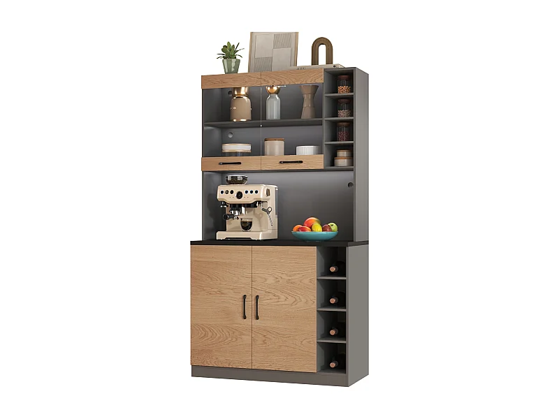 Aparador de cocina con 4 puertas y compartimentos - 100 x 47 x 187 cm - Madera MDF - LED y canales para cables - Natural + gris