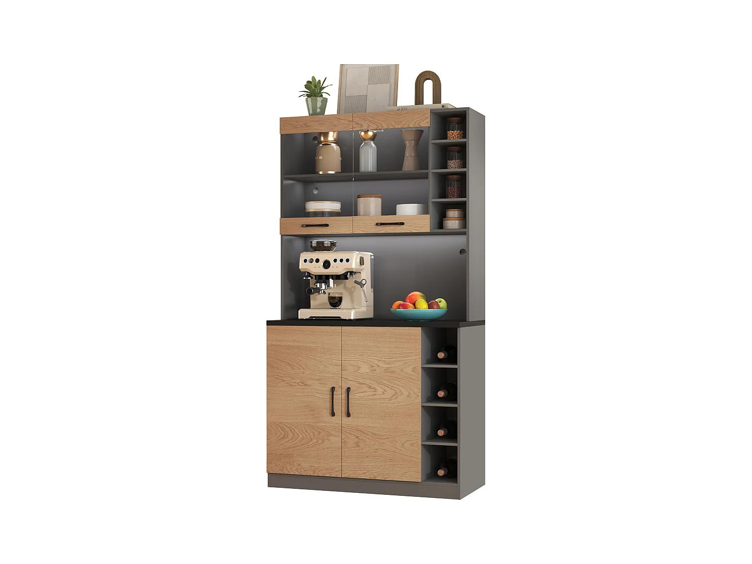 Buffet de cuisine avec 4 portes et compartiments - 100 x 47 x 187 cm - Bois MDF - LEDs et passe-câbles - Naturel + gris