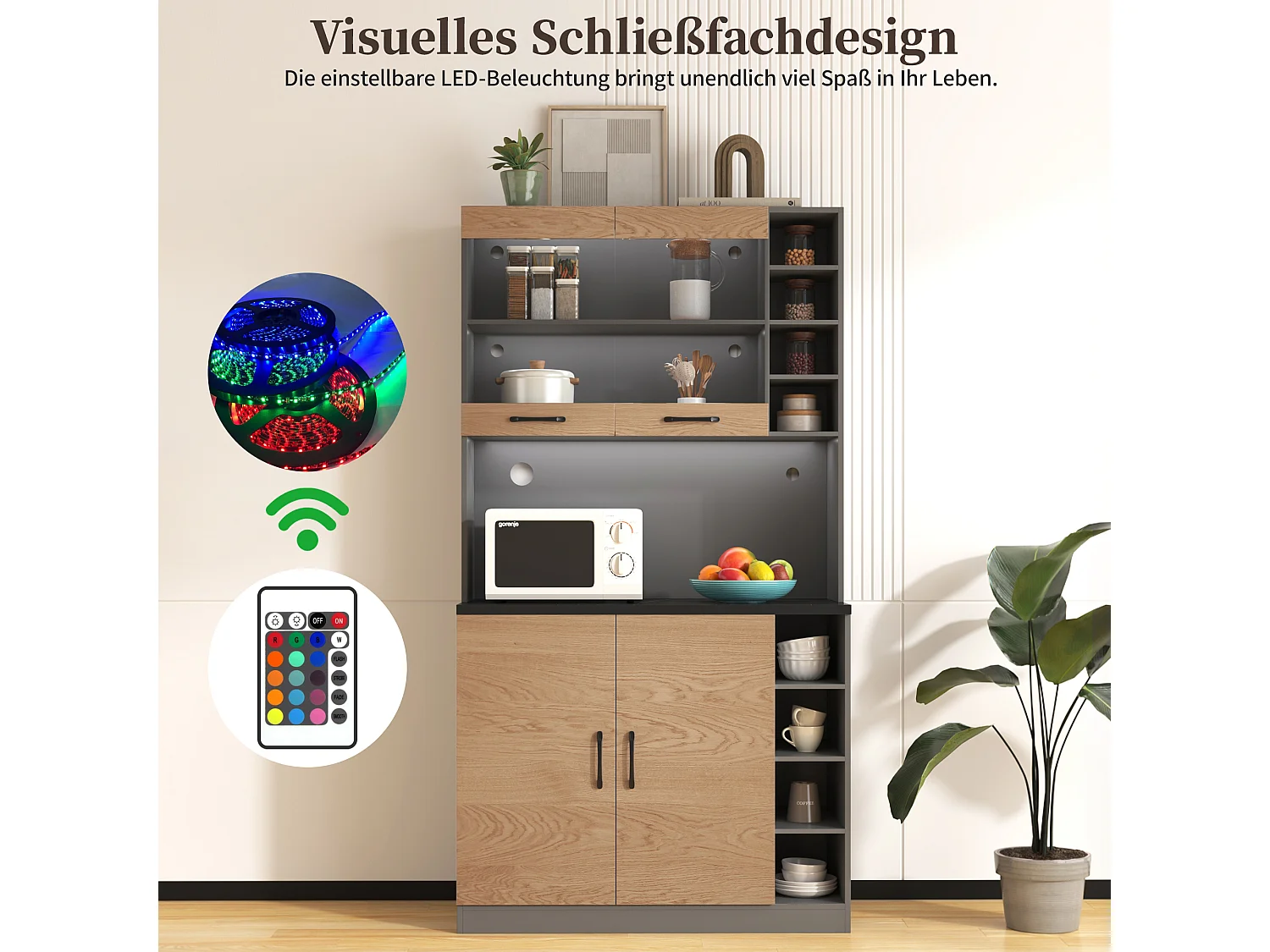 Buffet de cuisine avec 4 portes et compartiments - 100 x 47 x 187 cm - Bois MDF - LEDs et passe-câbles - Naturel + gris