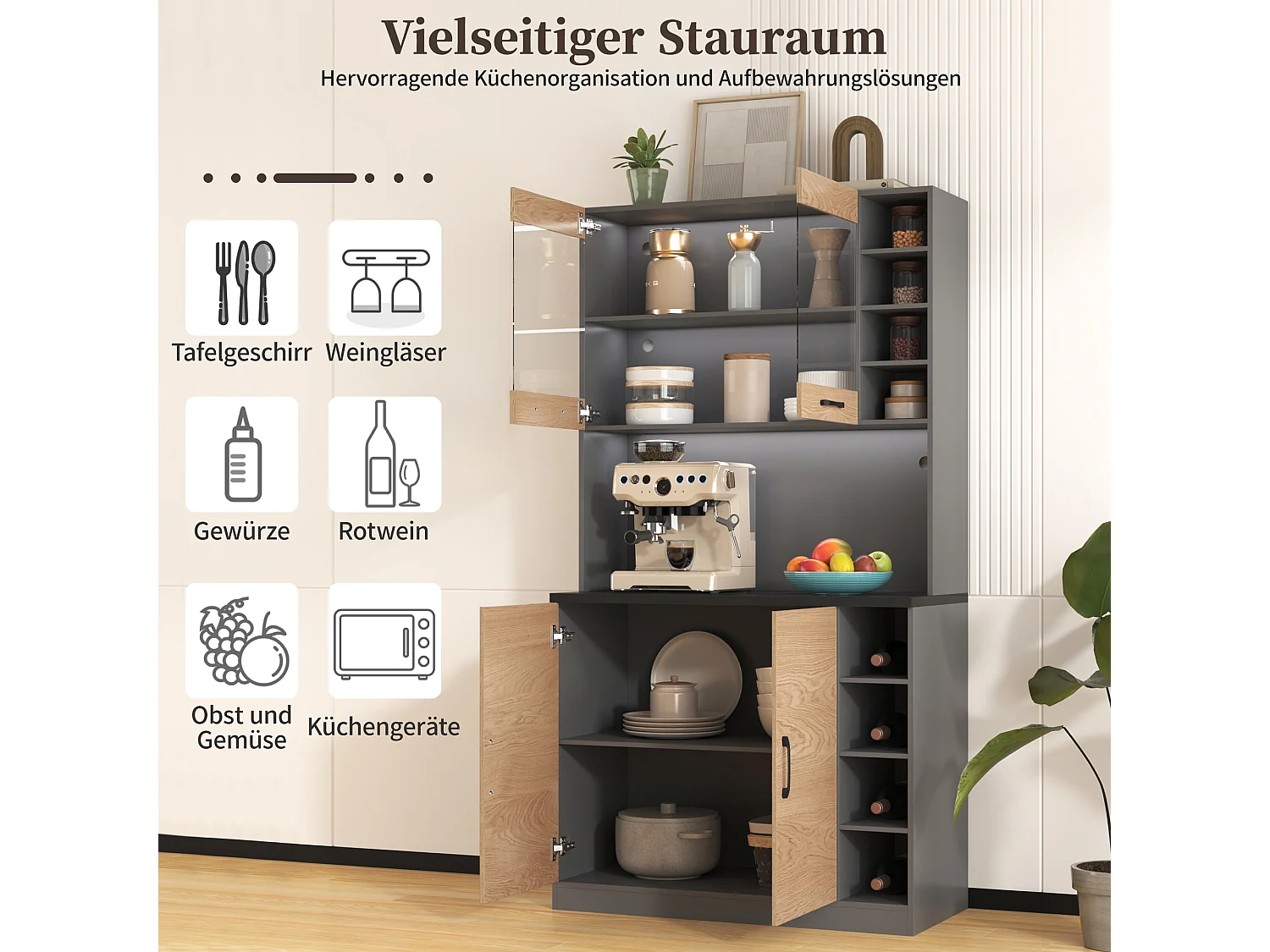 Buffet de cuisine avec 4 portes et compartiments - 100 x 47 x 187 cm - Bois MDF - LEDs et passe-câbles - Naturel + gris