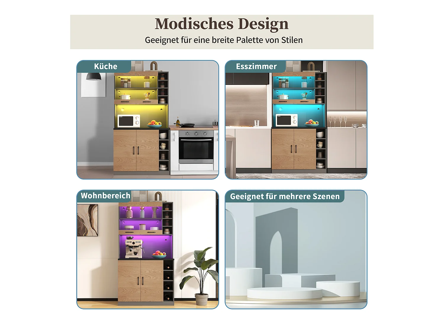 Buffet de cuisine avec 4 portes et compartiments - 100 x 47 x 187 cm - Bois MDF - LEDs et passe-câbles - Naturel + gris