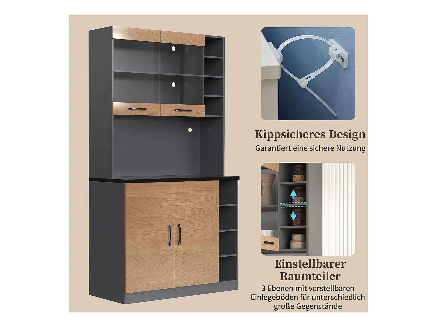 Buffet de cuisine avec 4 portes et compartiments - 100 x 47 x 187 cm - Bois MDF - LEDs et passe-câbles - Naturel + gris