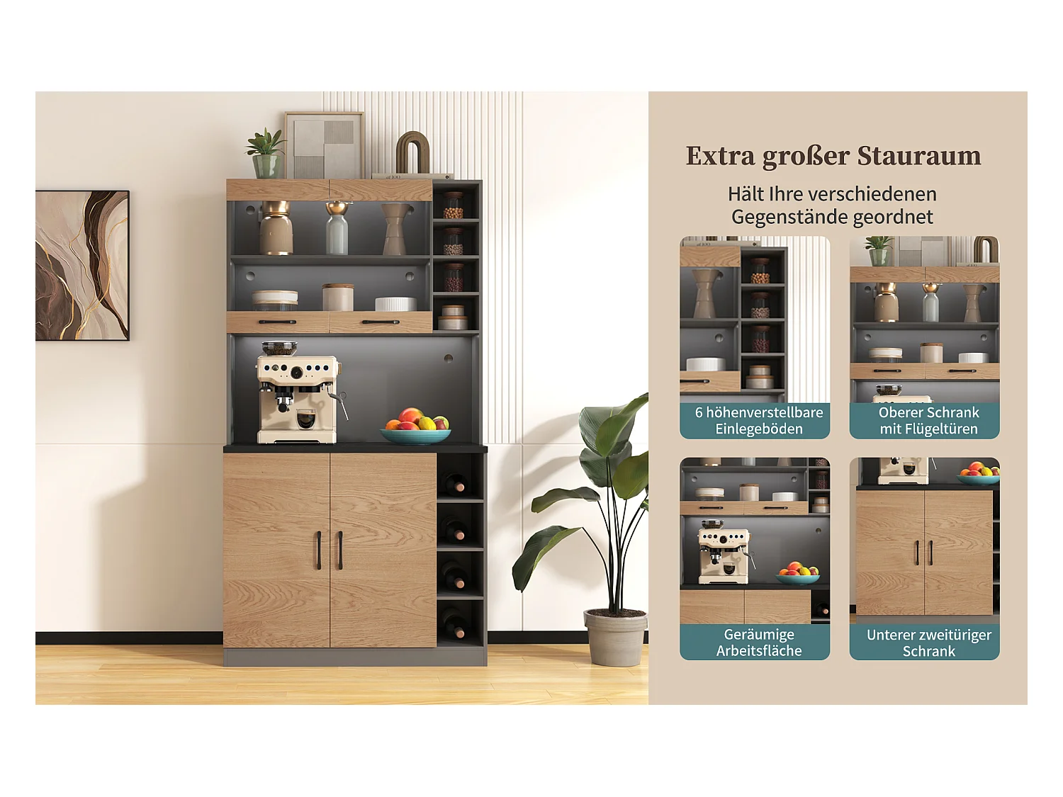 Buffet de cuisine avec 4 portes et compartiments - 100 x 47 x 187 cm - Bois MDF - LEDs et passe-câbles - Naturel + gris