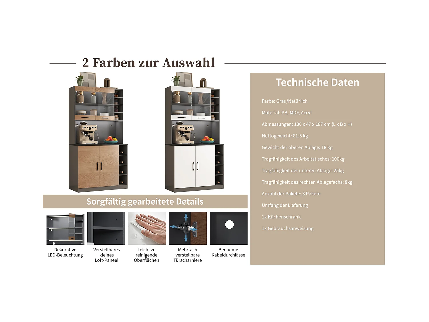 Buffet de cuisine avec 4 portes et compartiments - 100 x 47 x 187 cm - Bois MDF - LEDs et passe-câbles - Naturel + gris