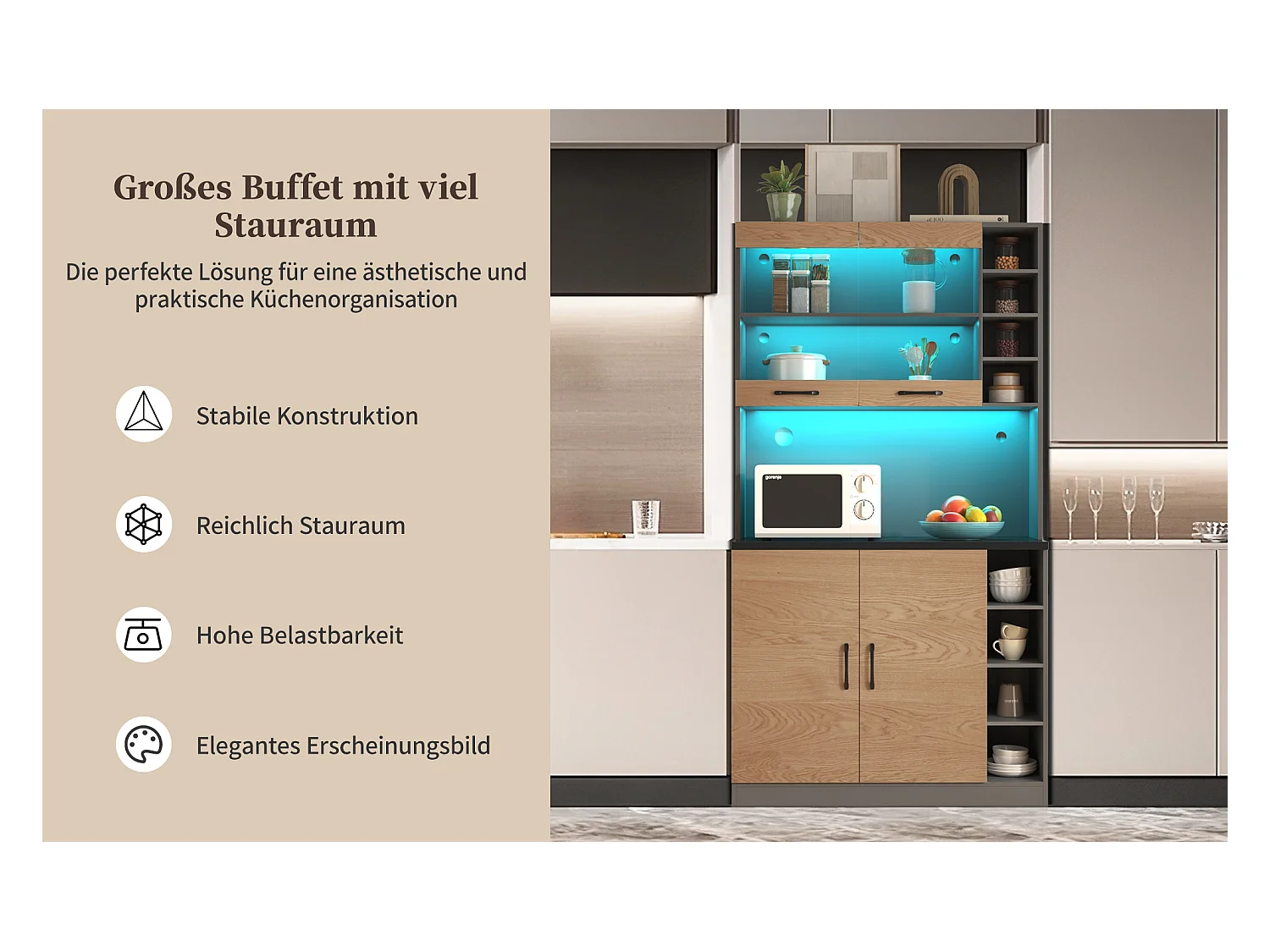 Buffet de cuisine avec 4 portes et compartiments - 100 x 47 x 187 cm - Bois MDF - LEDs et passe-câbles - Naturel + gris